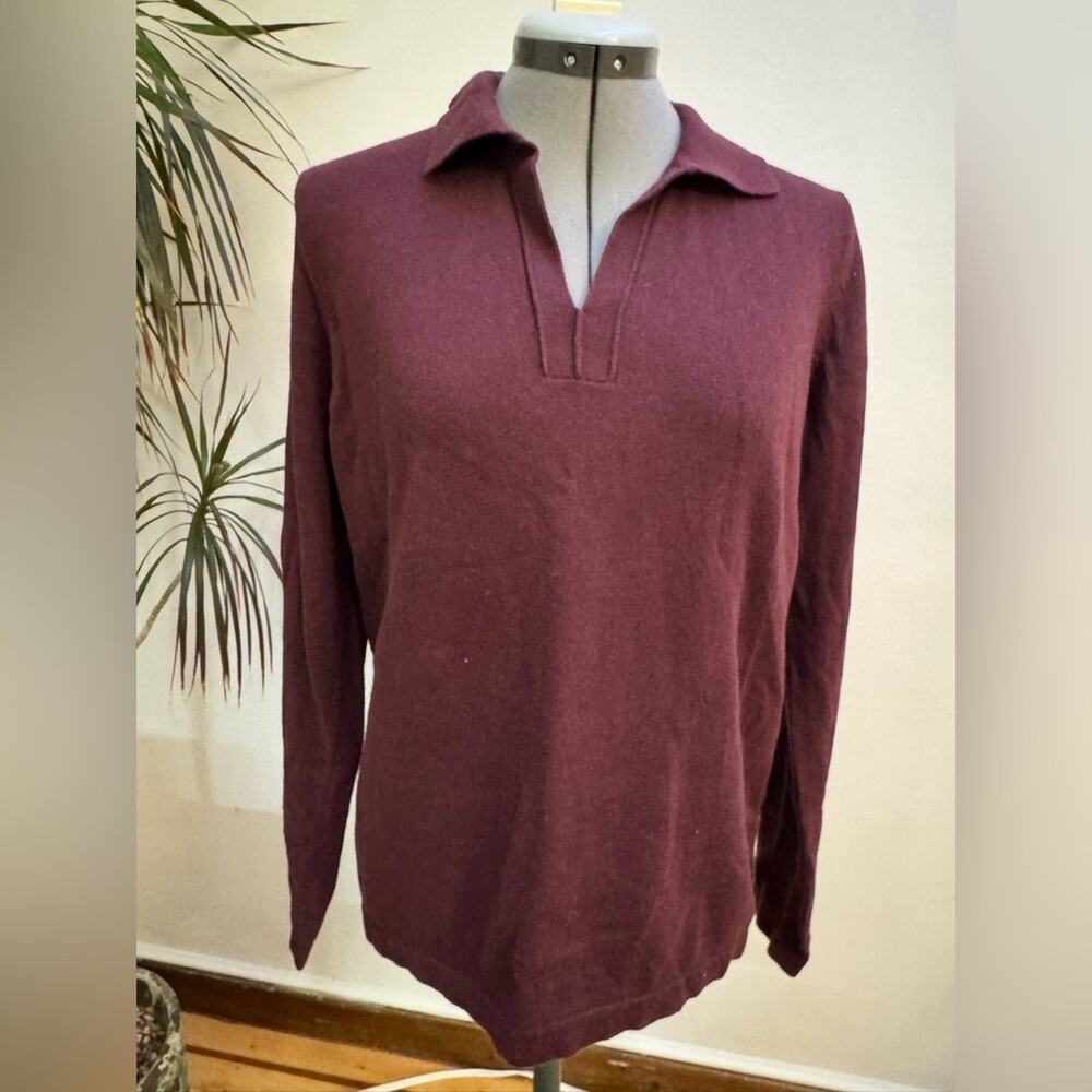 Eddie Bauer Pima Cotton Cashmere Knit V-Neck Polo Sweater Maroon